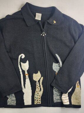 Allison Daley Woman's 2X Cat Novelty Sweater Full Zip Embellished Collared Bead